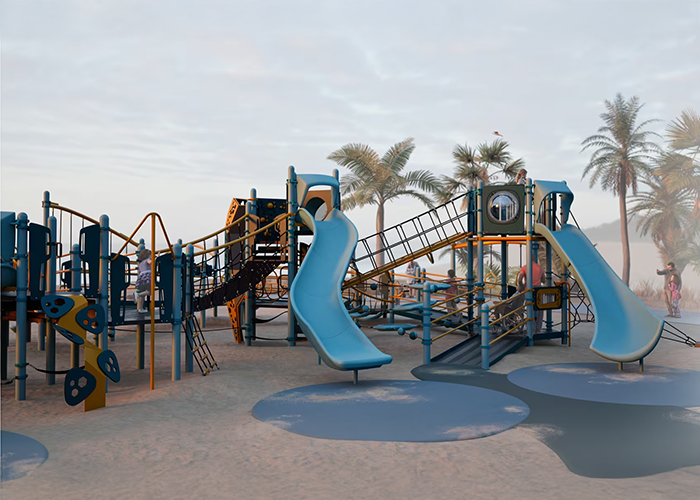 modern outdoor playground with whimsical structures and slides