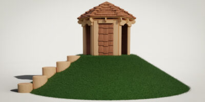 wooden gazebo on top of a turf mound