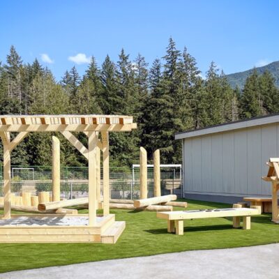wooden playground components on top of playground turf