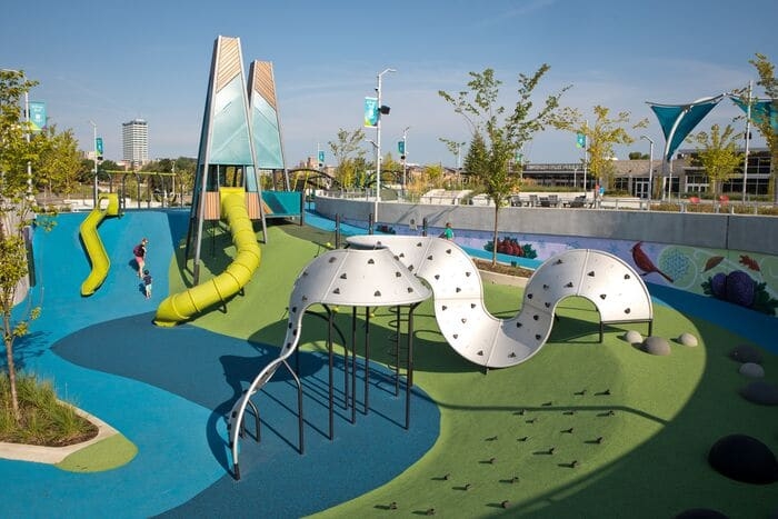 a mobius climber and two custom towers on a hillside