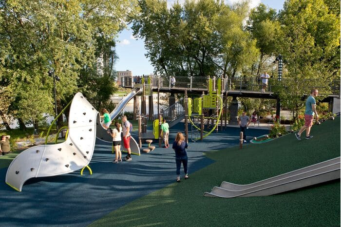 A mobius climber and a slide going down a hill