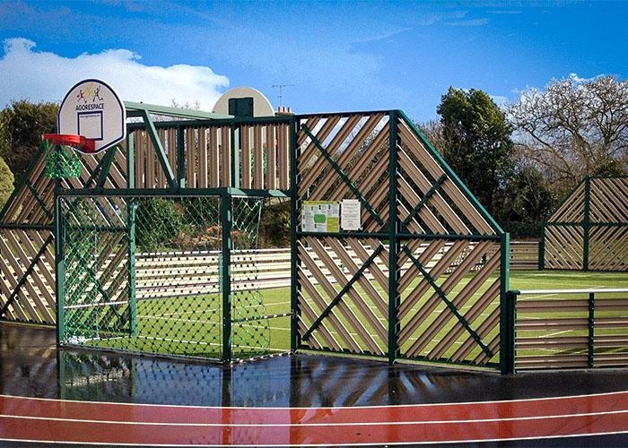 grass sports court with a track around it