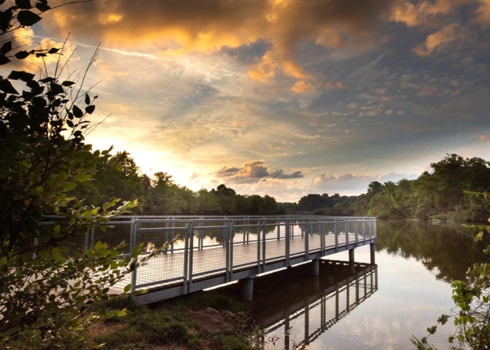 a boardwalk pier by a lake