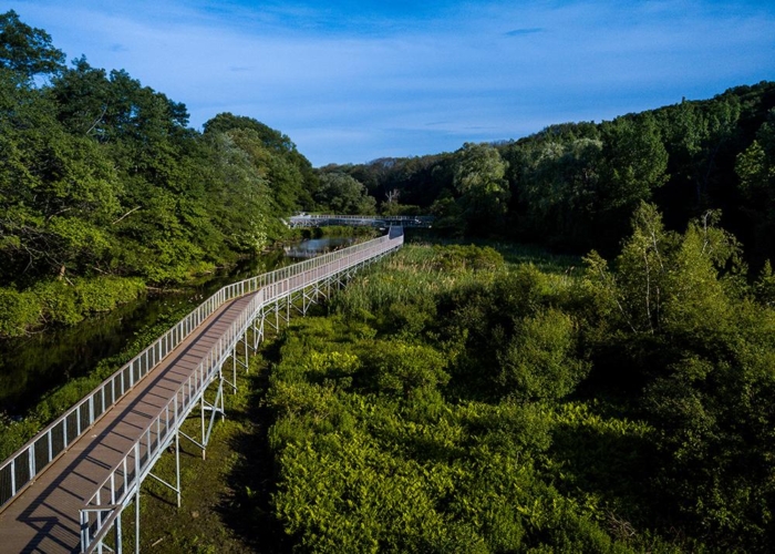 metal boardwalk weaving through wetlands