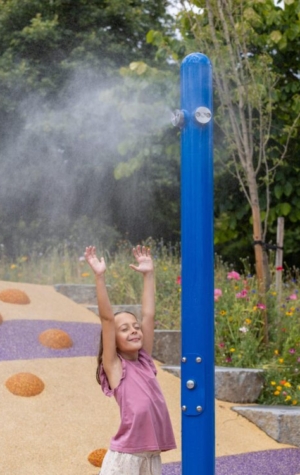 Kids getting misted by a misting station